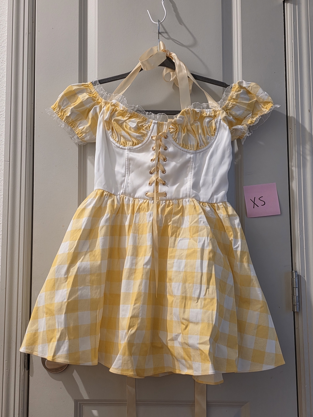 Yellow Gingham Off-Shoulder Mini Dress with Corset Bodice